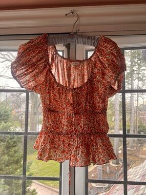 Doen Addie Poppy Floral Puff-Sleeve Tie-Front Blouse